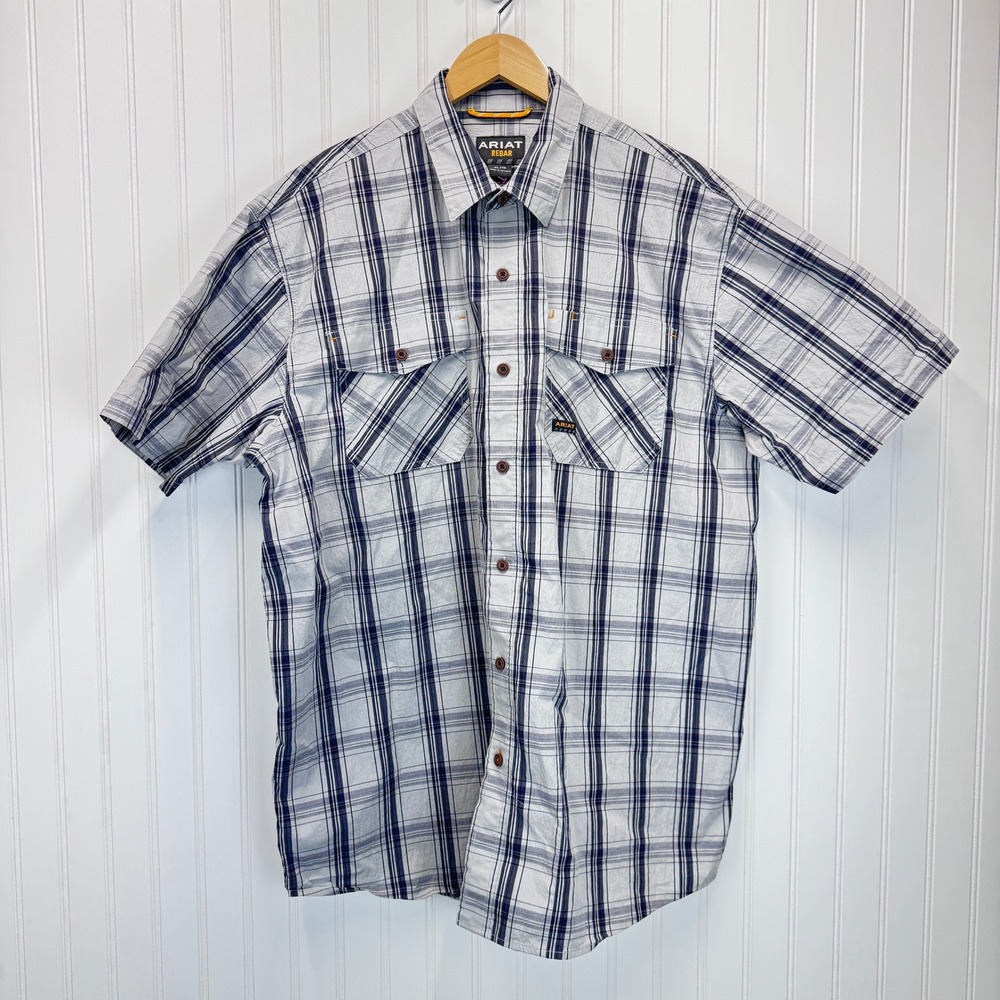 Ariat Rebar Work Shirt Mens XL Grey Navy Plaid Short Sleeve Utility Workwear